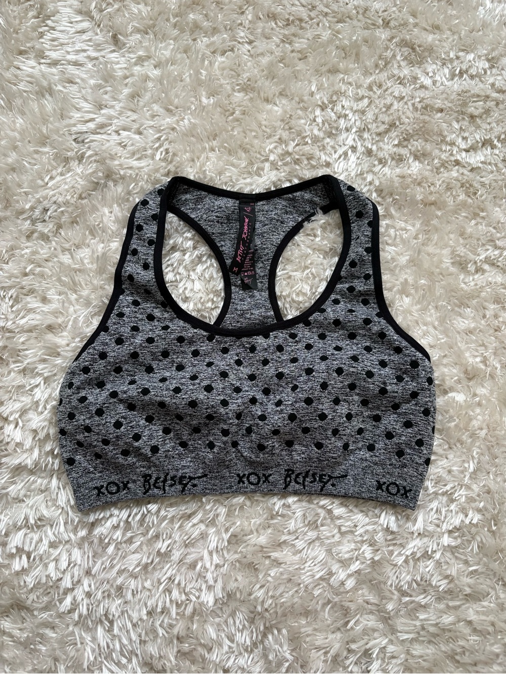 Betsey Johnson Grey & Black Trim Polka Dot Racerback Sports Bra Gym Athletic